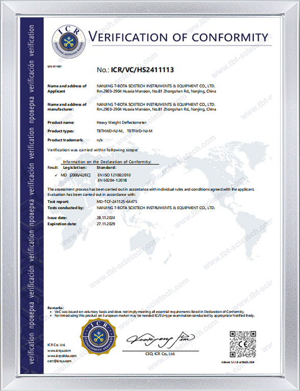 <div style="text-align: center;">Certificado CE del deflectómetro de caída de peso</div> 